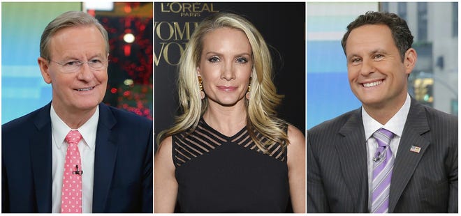 This combination of photos shows Fox News Channel personalities, from left, Steve Doocy, Dana Perino and Brian Kilmeade. Doocy will host a cooking show, tied to a cookbook he's releasing, Perino will have a book club highlighting new releases and Kilmeade, a history buff, will host a show called, "What Makes America Great," on the new streaming service Fox Nation, that launches Tuesday. [ASSOCIATED PRESS]