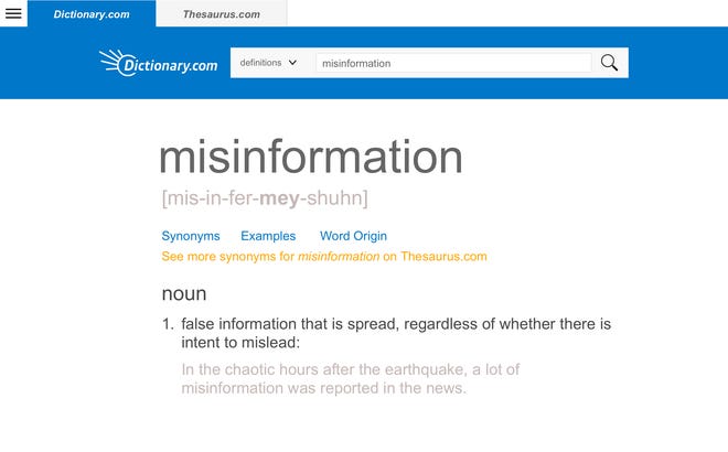 This screen image released by Dictionary.com shows an entry for the word misinformation, which Dictionary.com announced as its 2018 Word of the Year. (Dictionary.com via AP)