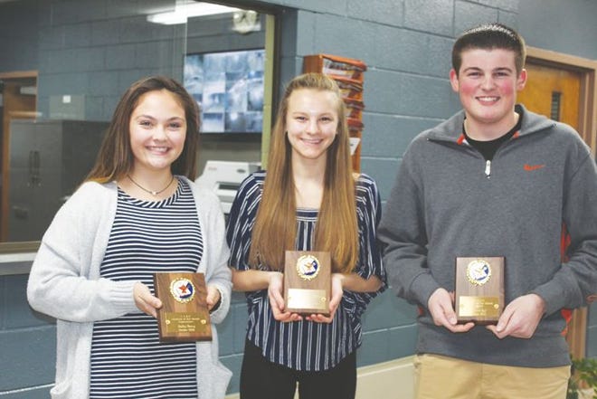 The four students of the month, as they were honored by their teachers, were presented with plaques at the Cheboygan Area Schools Board of Education meeting Monday night. Three of the four students were in attendance at the meeting, including Sophomore Hailey Dorey, Olivia Chamberlain and Hunter Burr.