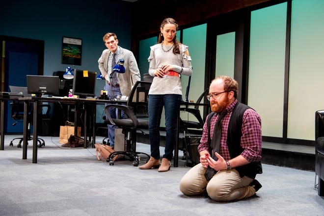 From left are Jeff Church as Dean, Alison Russo as Ani and Gabriel Graetz as Lorin in "Gloria," which takes place in the offices of a New Yorker-style magazine. The play runs at The Gamm Theatre in Warwick through Dec. 16. [Peter Goldberg]