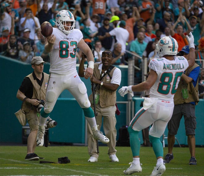 Dolphins tight end Nick O'Leary (83) celebrates a touchdown catch with receiver Danny Amendola. [ALLEN EYESTONE/palmbeachpost.com]