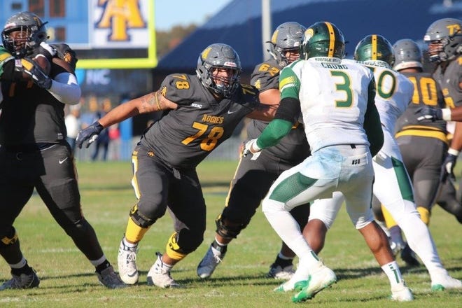 Micah Shaw (78), seen in action in a 37-20 win over Norfolk State, started only one game for North Carolina A&T prior to this season, when he won the MEAC's Offensive Lineman of the Year award. [Contributed photo]