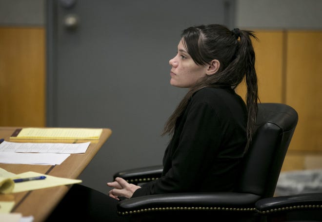 Meagan Work waits during a recess in her sentencing hearing at the Blackwell-Thurman Criminal Justice Center on Thursday. [JAY JANNER/AMERICAN-STATESMAN]