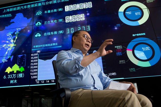 In this Friday, June 22, 2018, photo, Ding Xiaohua, deputy director of the Shanghai Electric Vehicle Public Data Collecting, Monitoring and Research Center speaks near a data display screen in Shanghai. According to specifications published in 2016, every electric vehicle in China transmits data from the car's sensors back to the manufacturer. From there, automakers send 61 data points, including location and details about battery and engine function to local centers like the one Ding oversees in Shanghai. (AP Photo/Ng Han Guan)