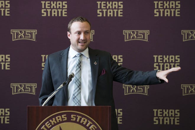"I feel like I’m one of the oldest coaches in the country,” new Texas State coach Jake Spavital, 33, said at a news conference Friday, noting his experience calling plays for Power Five teams. [LYNDA M. GONZALEZ/AMERICAN-STATESMAN]