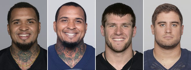 From left are Maurkice Pouncey of the Pittsburgh Steelers, Mike Pouncey of the Los Angeles Chargers, T.J. Watt of the Pittsburgh Steelers and Derek Watt of the Los Angeles Chargers. [AP PHOTO/FILES]