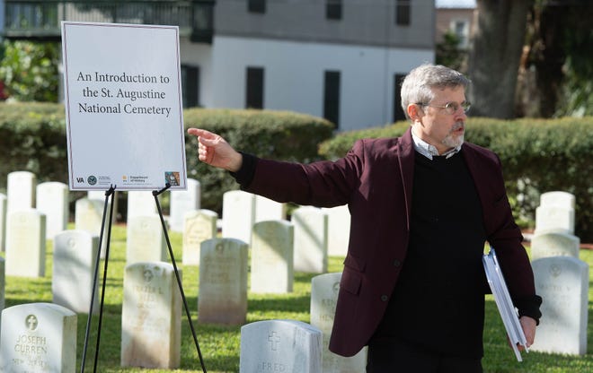 University of Central Florida history professor Scot French gives an introduction on Thursday at the St. Augustine National Cemetery about a UCF project to create biographies of veterans buried or memorialized in the cemetery. [PETER WILLOTT/THE RECORD]