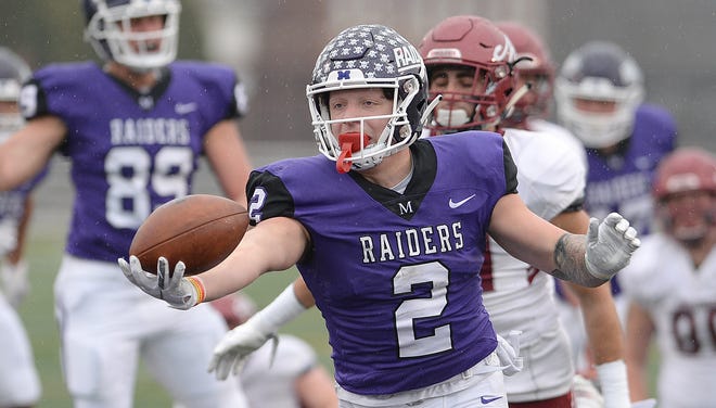 Mount Union running back Josh Petruccelli run into the end zone against Muhlenberg in the NCAA Division III football playoffs, Dec. 1, 2018. Petruccelli scored three TDs and rushed for a career-high 219 yards. (CantonRep.com / Ray Stewart)