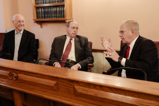 Former Ohio Governor Ted Strickland, right, speaks during an interview on Tuesday, November 27, 2018 at the Ohio Statehouse in Columbus, Ohio. Also pictured are former Ohio governors Robert Taft, center, and Richard F. Celeste, left. [Joshua A. Bickel/Dispatch]