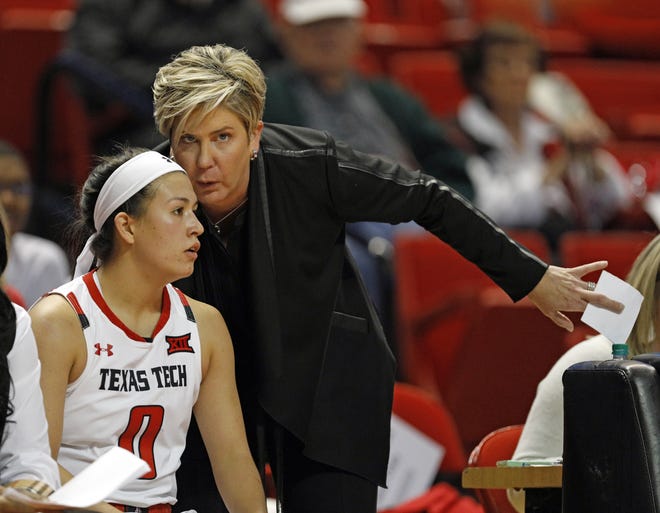 Texas Tech coach Marlene Stollings talks to guard Mia Castaneda (0) during a non-conference game Nov. 9 against Jacksonville State at United Supermarkets Arena. The Lady Raiders (5-1) will take on Florida (0-6) in their first road game at 1:30 p.m. Sunday as part of the SEC/Big 12 Challenge. [Brad Tollefson/A-J Media]