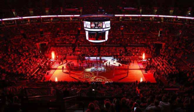 The Ohio State Buckeyes starting lineup is introduced before the NCAA basketball game between the Ohio State Buckeyes and the Minnesota Golden Gophers at Value City Arena on Sunday, Dec. 2, 2018. [Tyler Schank]