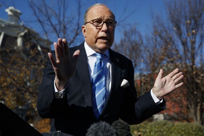White House chief economic adviser Larry Kudlow talks with reporters about trade negotiations with China, at the White House, Monday. [Evan Vucci/AP Photo]
