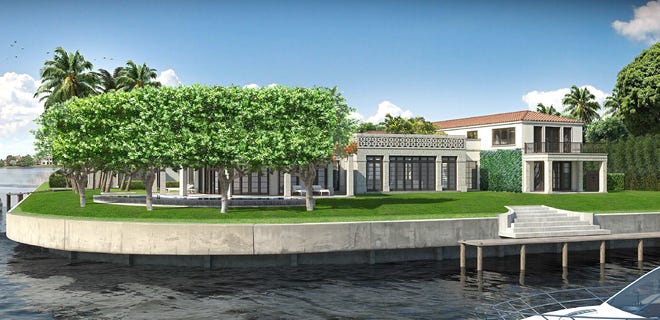 Viewed from the southwest, the curved seawall can be seen in this rendering of the house that just earned approval from the Palm Beach Architectural Commission for a vacant lot at 757 Island Drive. [Rendering courtesy Smith and Moore Architects]