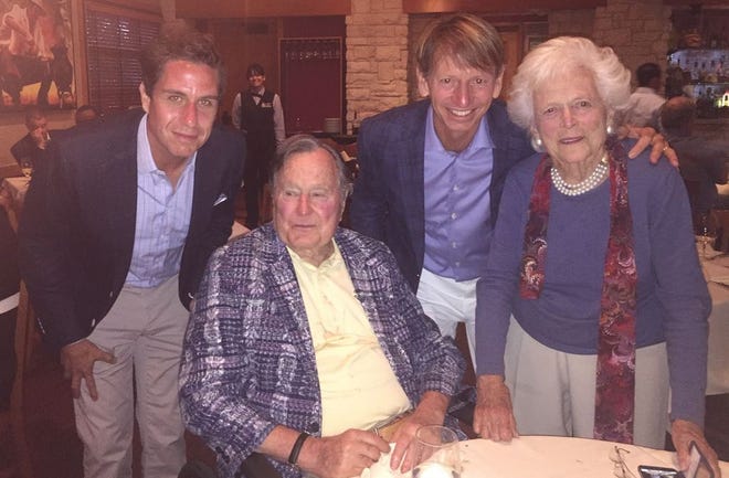 From left, Brad Faxon's brother-in-law Max Ricci, President Bush, Faxon and Barbara Bush during a visit to Maine.