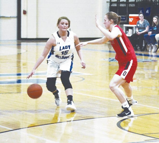 Inland Lakes' Tyra Fletcher looks to get past an Onaway player during a Ski Valley matchup from last season. Fletcher, a senior, is one of the key players returning players for the Inland Lakes varsity girls basketball team this season.