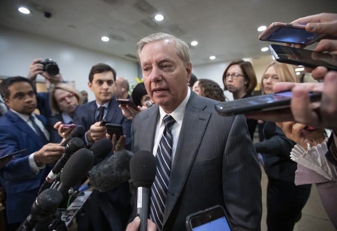 Sen. Lindsey Graham, R-South Carolina, chairman of the Subcommittee on Crime and Terrorism, speaks to reporters after a closed-door security briefing by CIA Director Gina Haspel on the slaying of Saudi journalist Jamal Khashoggi and involvement of the Saudi crown prince, Mohammed bin Salman, at the Capitol in Washington on Tuesday. [AP Photo/J. Scott Applewhite]
