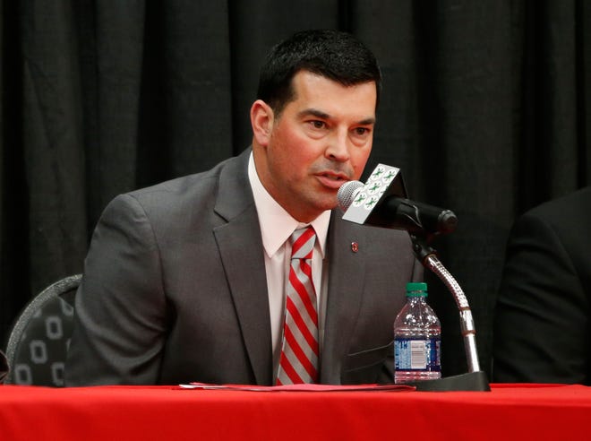 Ohio State NCAA college football offensive coordinator Ryan Day answers questions during a news conference announcing his hiring as head coach to replace Urban Meyer, who announced his retirement Tuesday, Dec. 4, 2018, in Columbus, Ohio. (AP Photo/Jay LaPrete)