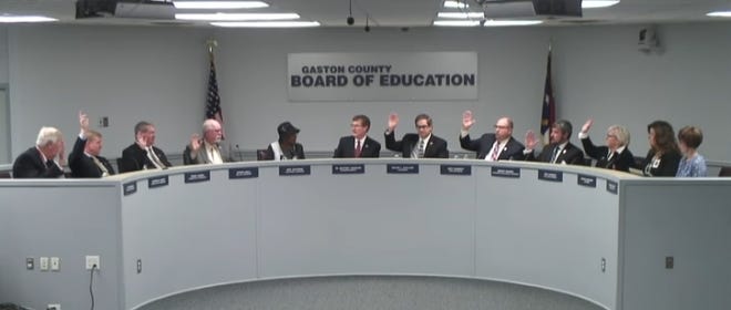 Eight of nine Gaston County Board of Education members vote to appoint Brent Moore as the board's new chairman during a reorganizational meeting on Monday at the Gaston County Schools Central Office. [GASTON COUNTY SCHOOLS/SPECIAL TO THE GASTON GAZETTE]
