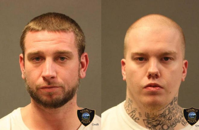 Jesse Cirelli, 29, of Taunton, left, and Jonathan Greene, 22, of Stoughton, were arrested Tuesday and face several drug charges, according to police. (Quincy Police Department)