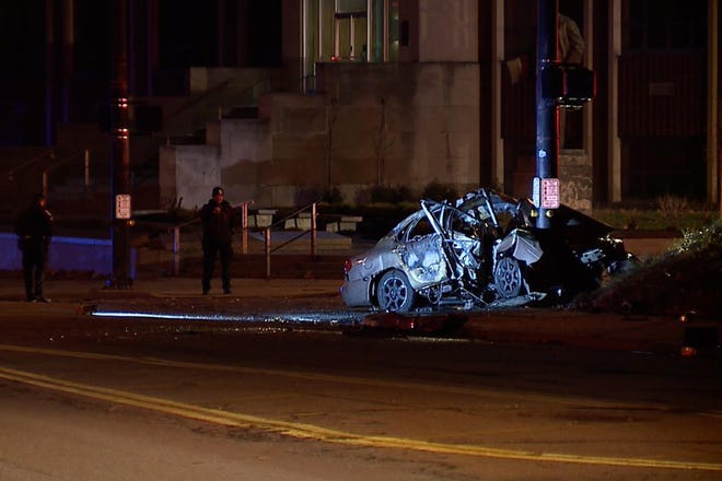 Four people died in this crash early Monday morning at Goodyear Boulevard and Kelly Avenue in Akron.