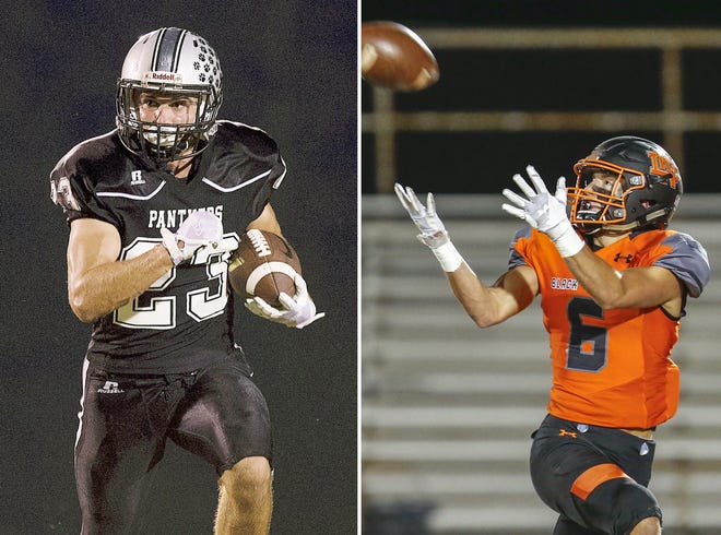 At left, Ledford's Coleman Reich returns a punt. At right, North Davidson's Jackson Perrell catches a touchdown pass. [Photos by Donnie Roberts and Michael Coppley of The Dispatch]
