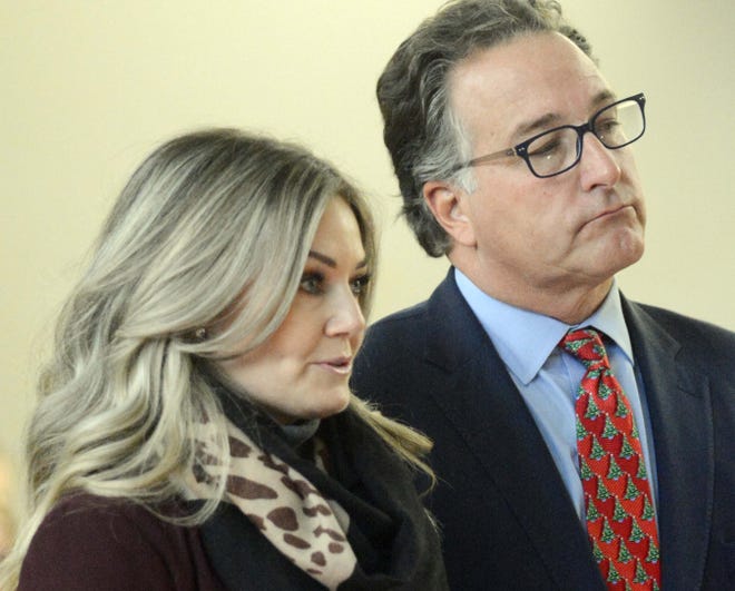 State Police trooper Sarah Starkey is arraigned on DUI, evading responsibility in an accident, failure to drive right and unsafe movement of a stopped vehicle Thursday in Norwich Superior Court. At right is her lawyer Rob Britt. [John Shishmanian/ NorwichBulletin.com]