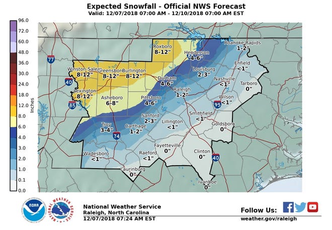 Forecasters at the National Weather Service released this graphic early Friday, which shows expected snowfall totals of 8 to 12 inches for the Lexington area.