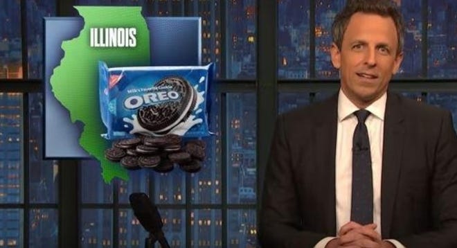 Seth Meyers scored some laughs when he mentioned a high school football team's 'Oreo run.' [SCREENGRAB]