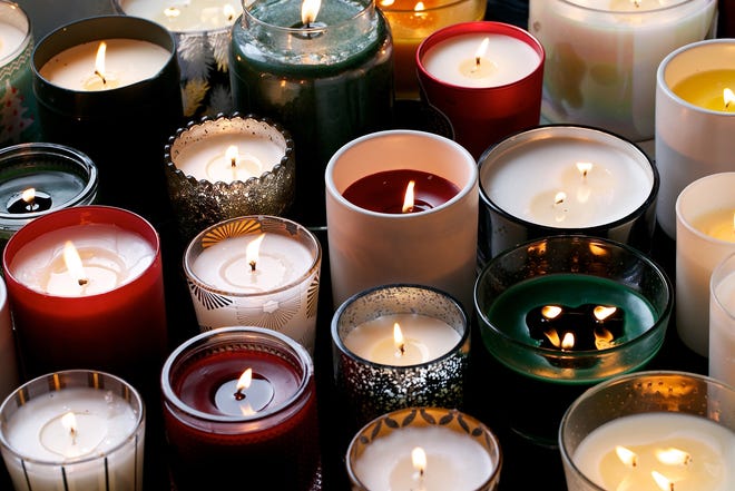 Holiday home fragrance candles. [The Washington Post / Deb Lindsey]