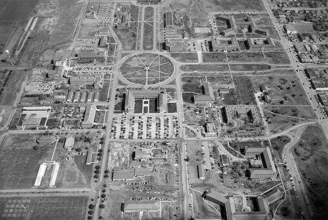 This 1952 photo by Winston Reeves was taken at the request of Urbanovsky, who was part of the planning committee to develop a campus loop around Texas Tech to redirect traffic outside the campus interior. The campus loop would interconnect the next phase of building expansion and eliminate direct city roads through the heart of campus. [Provided photo]