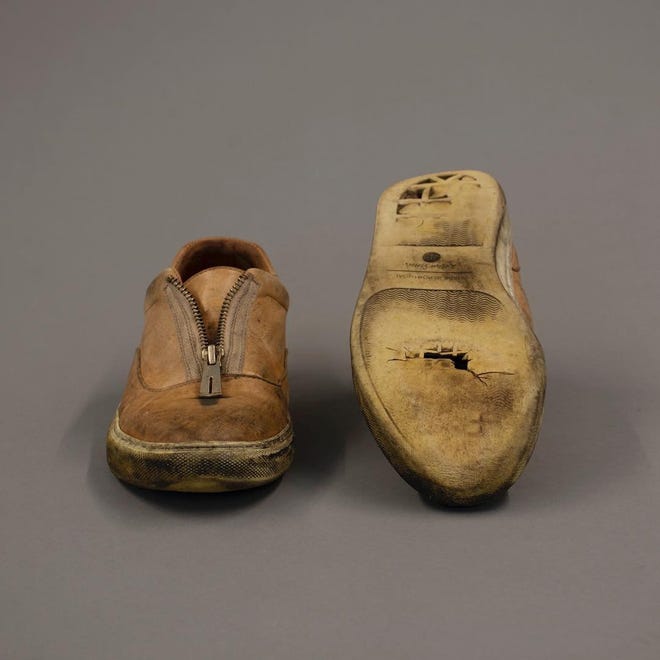 Alexandria Ocasio-Cortez provided her tattered campaign shoes for the "Women Empowered: Fashions From the Frontline" exhibit at Conrell University in Ithaca, N.Y. [CORNELL COSTUME AND TEXTILE COLLECTION/CONTRIBUTED PHOTO]