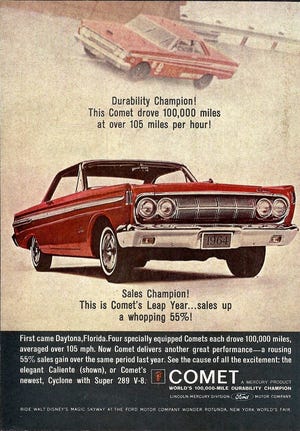 Mercury Comet proved its new compact car was both reliable and fast thanks to an exclusive 100,000-mile flat-out endurance test held at the Daytona International Speedway in 1962. Reader Theodor Aeckerle recalls the event and knew one of the Comet drivers. [Ford Motor Company]