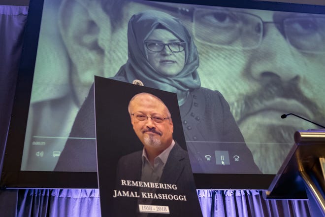 In this Nov. 2, 2018 file photo, a video image of Hatice Cengiz, fiancee of slain Saudi journalist Jamal Khashoggi, is played during an event to remember Khashoggi, in Washington. Saudi Crown Prince Mohammed bin SalmanþÄôs first trip abroad since the killing of Khashoggi will offer an early indication of whether he will face any repercussions. The prince is visiting close allies in the Middle East before attending the Group of 20 Summit in Argentina, where he will come face to face with Trump, who appears keen to preserve their friendship, as well as European leaders and TurkeyþÄôs president, who has stepped up pressure on the kingdom. [ AP FILE PHOTO ]
