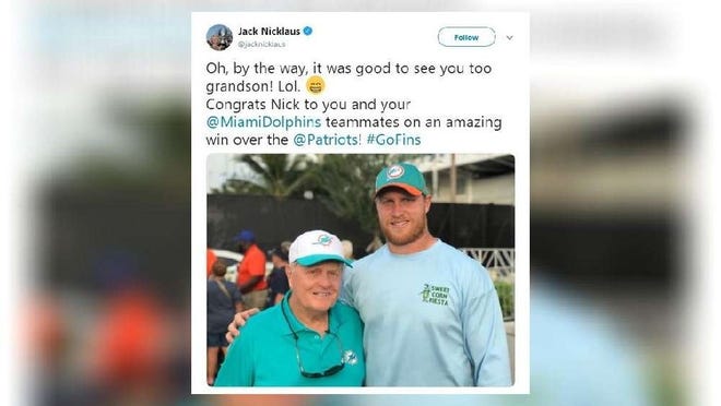 Jack Nicklaus tweeted about the Dolphins' miracle finish... and, oh yeah, visiting with his grandson, Dolphins' tight end Nick O'Leary. [Twitter]