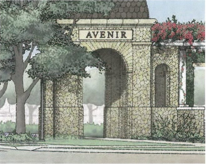This rendering shows the entrance to the future Avenir residential and commercial development on the city's western edge. Clearing has started, but it will likely be another year or more until model homes are ready. The development will be built in phases over 20 to 30 years.



Avenir will include 3,900 homes, including 250 for workforce housing and 960 restricted to people 55 and older. There will be 1.8 million square feet of office space, 200,000 square feet of medical offices, 400,000 square feet of commercial space, a 300-room hotel, 20 acres of agriculture, a public park, a civic/recreation parcel and a police/fire/city annex. 



Rendering courtesy of Avenir