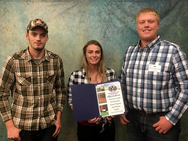 Sixteen Highland Community College agriculture students recently competed in the Illinois Professional Agriculture Students annual conference at Lincoln Land College in Springfield. Pictured, from left: soil team members Andrew Gustafson, Shelby Fryar and Leland Houzenga. [PHOTO PROVIDED]
