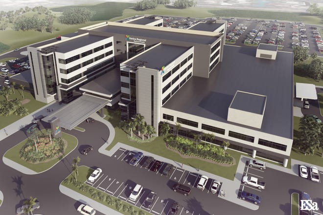 The main structure of the planned Venice Regional Bayfront Health replacement hospital would be constructed in an H shape. The parking area in the foreground would be handicapped-access patient parking. [RENDERING BY EARL SWENSSON ASSOCIATES / PROVIDED BY VENICE REGIONAL BAYFRONT HEALTH]