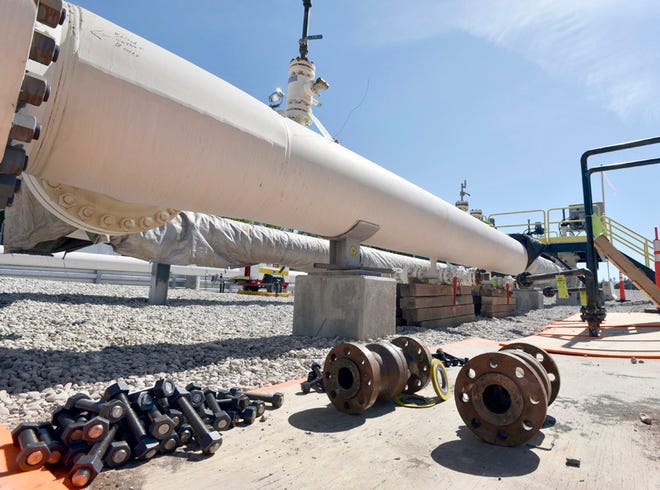 In this 2017 file photo, fresh nuts, bolts and fittings are ready to be added to the east leg of the pipeline near St. Ignace, as Enbridge prepares to test the east and west sides of the Line 5 pipeline under the Straits of Mackinac in Mackinaw City.