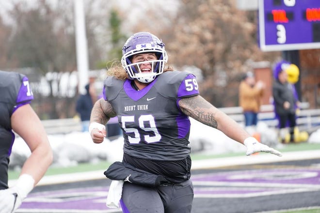 Mount Union center Joey Presutti celebrates a touchdown during a recent playoff game. Returning to the Houston area for the Stagg Bowl will be a homecoming for Presutti and playing in Woodforest Bank Stadium will be a familiar occurrence.