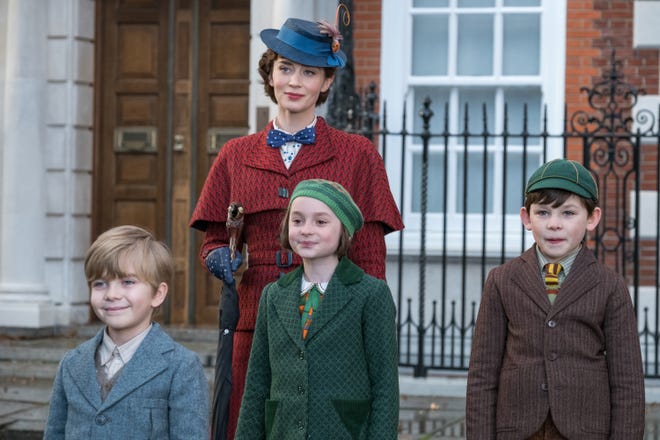 Emily Blunt is Mary Poppins, Joel Dawson is Georgie, Pixie Davies is Annabel and Nathanael Saleh is John in Disney’s “Mary Poppins Returns.” [Disney]