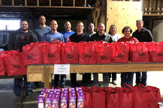 Farmers Alliance employees recently collected enough food and cash to put together 80 food baskets to provide a Christmas meal for the needy in McPherson. [Courtesy photo]