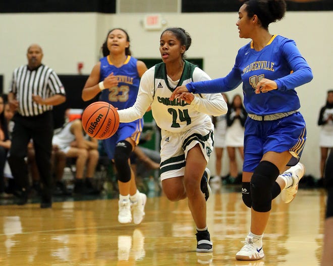 Connally Cougar Zahra Cross (24) brings the ball upcourt against the Pflugerville Panthers at Connally High School on Dec. 14. [Jamie Harms for AMERICAN-STATESMAN]