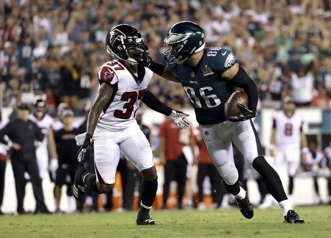 Zach Ertz was named to his second Pro Bowl and is closing in on the single-season record for receptions by a tight end. [Michael Perez / Associated Press]