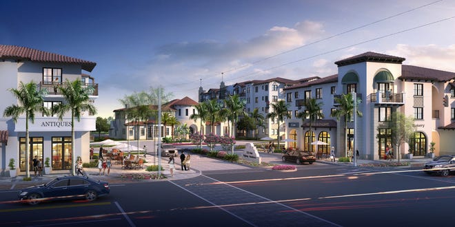 Rendering of proposed low-rise apartments and shops for 3111 S. Dixie Highway in West Palm Beach, which will feature 300 apartments ranging from studios to three bedroom units, although most apartments will have one or two bedrooms. [Provided]