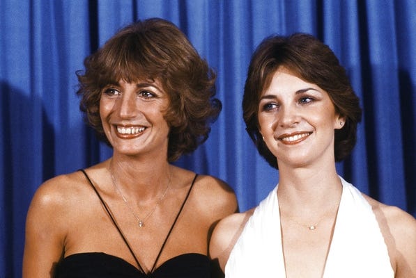 FILE - In this Sept. 9, 1979 file photo, Penny Marshal, left, and Cindy Williams from the comedy series "Laverne & Shirley" appear at the Emmy Awards in Los Angeles. Marshall died of complications from diabetes on Monday, Dec. 17, at her Hollywood Hills home. She was 75. [AP Photo/George Brich, FIle]