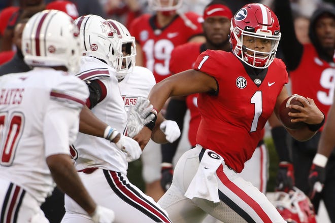 Georgia quarterback Justin Fields will play the Sugar Bowl, coach Kirby Smart said, and will explore transfer options over the following weeks. [Photo/Joshua L. Jones, Athens Banner-Herald]