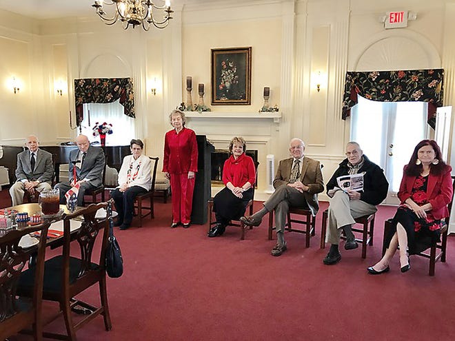 Veterans and wives who were part of the November Ladies Night Out are, from left, John Coco, retired, U.S. Air Corp; Colonel Dwight Naylor, retired, USMC; Phyllis Naylor; Marlene Snyder, Alliance Woman's Club chairwoman Saturday Morning Programs; Bonnie Rittner; Dr. Mel Rittner, retired, U.S. Army; Gary Switzer, retired Navy; Ruth Switzer.