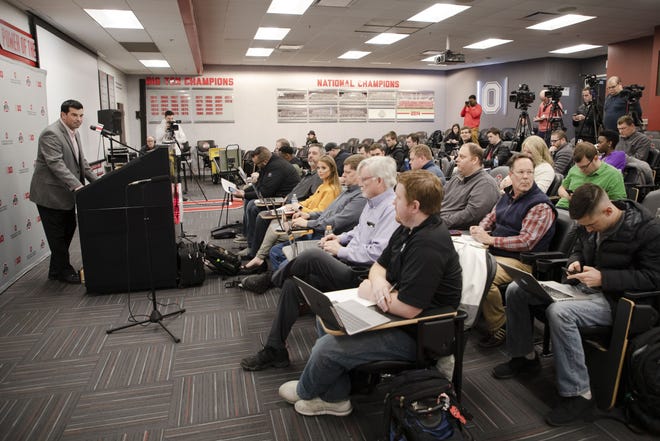 Ohio State Buckeyes offensive coordinator and head coach-designate Ryan Day addresses members of the media regarding the 2019 recruiting class during a press conference about Early Signing Day on Wednesday, December 19, 2018 at Woody Hayes Athletic Center in Columbus, Ohio. [Joshua A. Bickel/Dispatch]