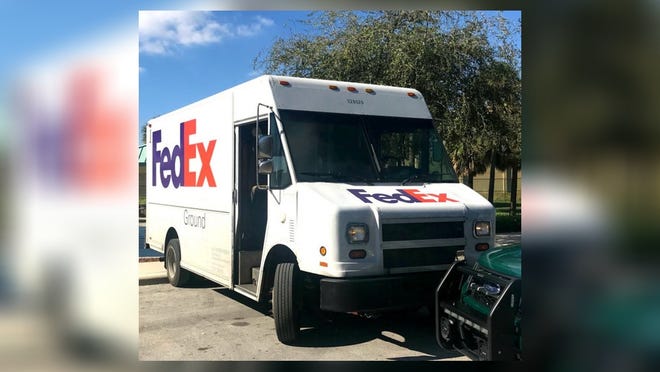 This FedEx truck was recovered in Broward County on Tuesday after being stolen in Delray Beach. [Photo provided by Delray Beach police]