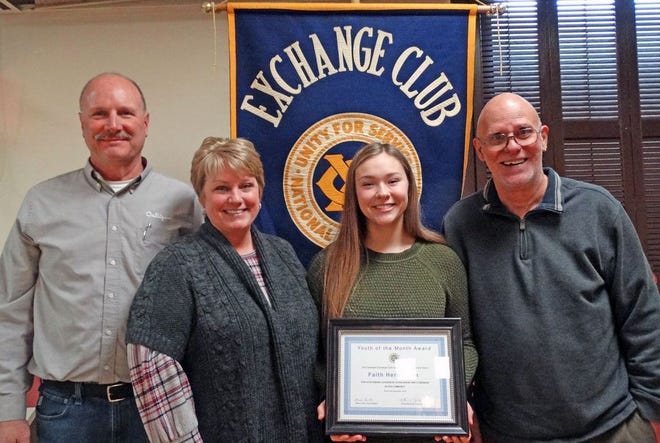 Faith Herendeen is shown here with her mother, Rose Boardman, her grandfather, Richard Carter, and Exchange Club president Steve Covell.